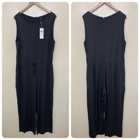 $318 Eileen Fisher Cropped Wide-Leg Jumpsuit Round Neck Gray Heather - Picture 2 of 10